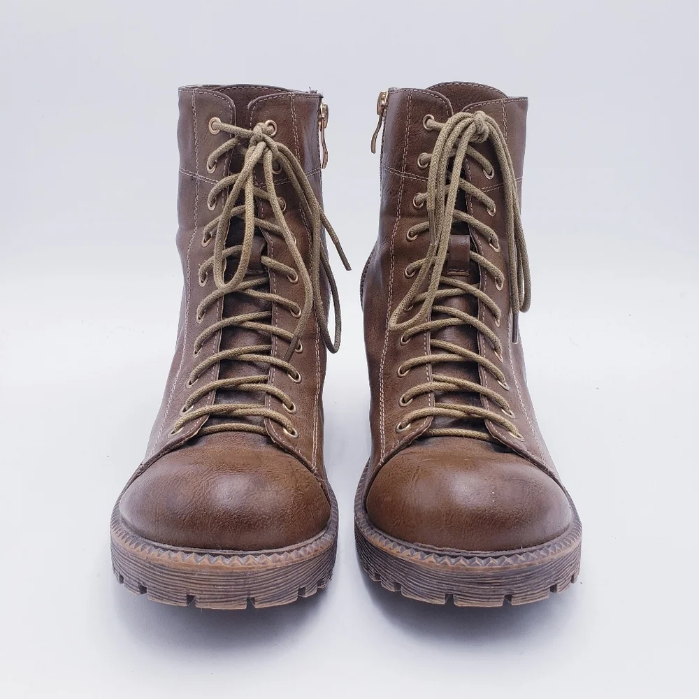 Vintage 90s Y2K Platform Lace Up Boots Chunky Brown Faux Leather Women's Size 10